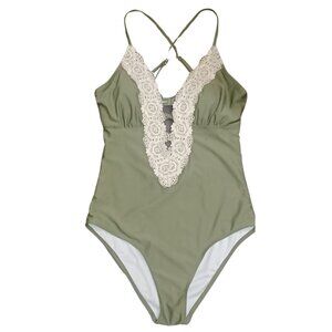 Cupshe Crochet Lace Trim Olive Green Boho One Piece Swimsuit Women’s Size Small